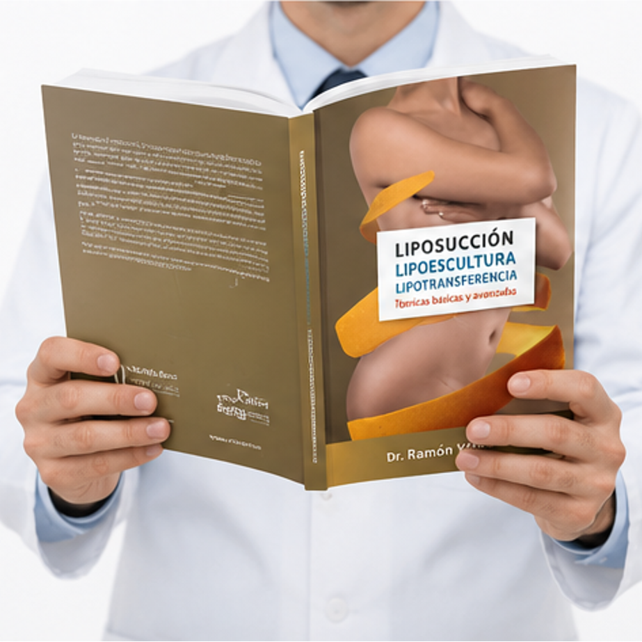 Médico cirujano leyendo libro de liposucción y técnicas de contorno corporal